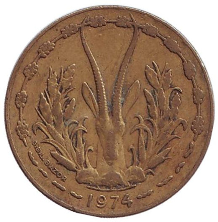 Монета 10 франков. 1974 год, Западные Африканские Штаты. Газель.