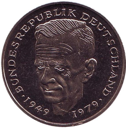 Монета 2 марки. 1984 год (F), ФРГ. UNC. Курт Шумахер.