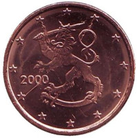 Монета 1 цент, 2000 год, Финляндия. Брак - раскол.