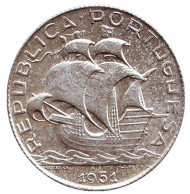 Монета 2,5 эскудо. 1951 год, Португалия. Парусник. Монета 2,5 эскудо. 1951 год, Португалия. Парусник.