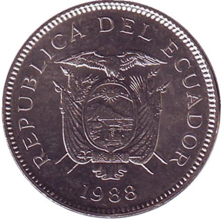 Монета 5 сукре. 1988 год, Эквадор. Монета 5 сукре. 1988 год, Эквадор.