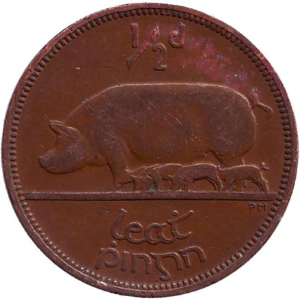 Монета 1/2 пенни, 1946 год, Ирландия. Свинья.