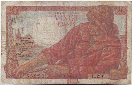 Банкнота 20 франков. 1949 год, Франция. Рыбак.