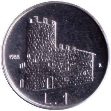 Монета 1 лира. 1988 год, Сан-Марино. Фортификация. Мельница.