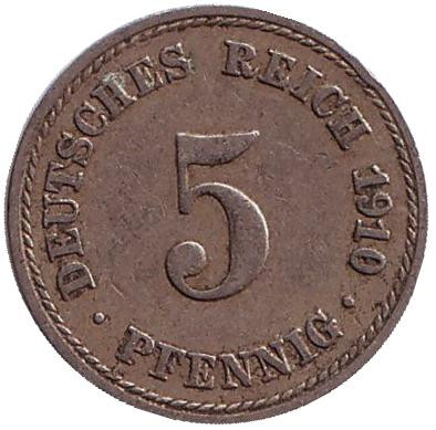 Монета 5 пфеннигов. 1910 год (A), Германская империя.