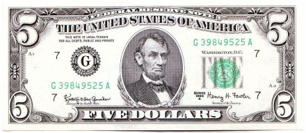Банкнота 5 долларов. 1963 год, США.