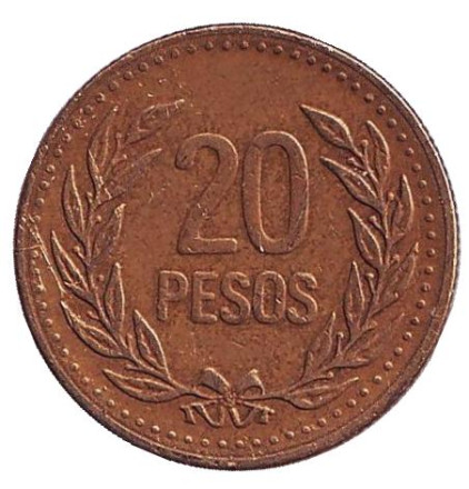 Монета 20 песо. 1990 год, Колумбия.