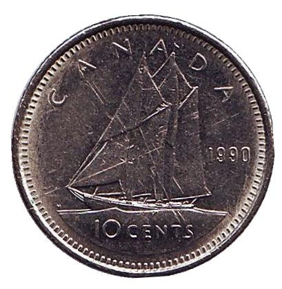 Монета 10 центов. 1990 год, Канада. Парусник.