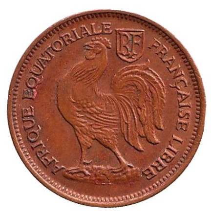 Монета 50 сантимов. 1943 год, Французская Экваториальная Африка. Петух.
