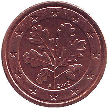 Монета 1 цент. 2002 год (A), Германия.