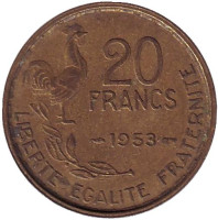 Монета 20 франков. 1953 год, Франция. "G. Guiraud", 4 пера.