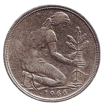 Монета 50 пфеннигов. 1966 (F) год, ФРГ. Женщина, сажающая дуб.