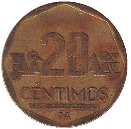 Монета 20 сентимов. 2002 год, Перу.