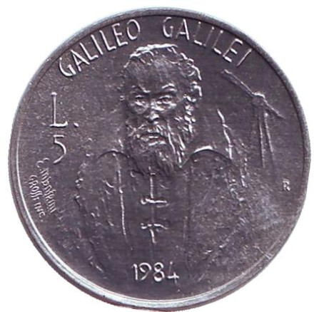 Монета 5 лир. 1984 год, Сан-Марино. Галилео Галилей.
