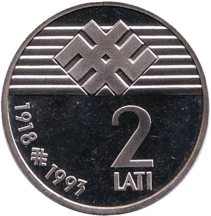 Монета 2 лата, 1993 год, Латвия. Пруф. 75 лет провозглашения независимости Латвии.
