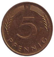 Дубовые листья. Монета 5 пфеннигов. 1993 год (F), ФРГ.