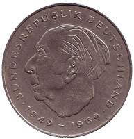 Теодор Хойс. Монета 2 марки. 1982 год (J), ФРГ.