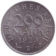 Монета 200 марок. 1923 год (E), Веймарская Республика. Монета 200 марок. 1923 год (E), Веймарская Республика.