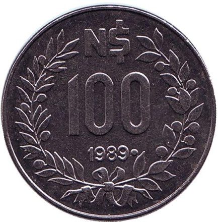 Монета 100 новых песо. 1989 год, Уругвай.