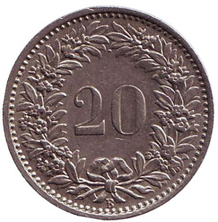 Монета 20 раппенов. 1966 год, Швейцария.