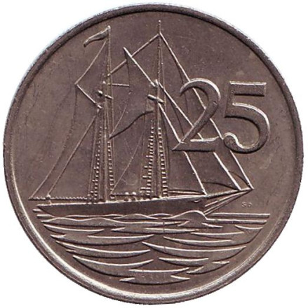 Монета 25 центов. 1972 год, Каймановы острова. Парусник.