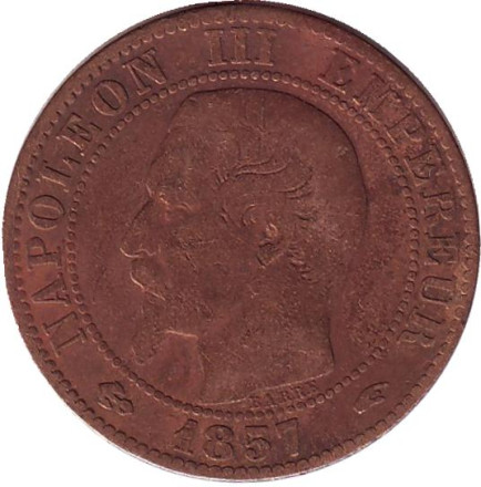 Монета 5 сантимов. 1857 год (A), Франция. Наполеон III.