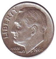 Рузвельт. Монета 10 центов. 1964 год, США. Монетный двор D.