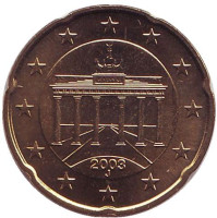 Монета 20 центов. 2003 год (J), Германия.