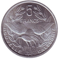 Птица кагу. Монета 5 франков. 1952 год, Новая Каледония. UNC.