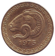 Монета 20 сантимов. 1975 год, Алжир. (Без цветка над числом 20) Баран. ФАО. Монета 20 сантимов. 1975 год, Алжир. (Без цветка над числом 20) Баран. ФАО.
