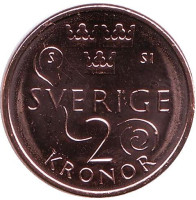Король Карл XVI Густав. Монета 2 кроны. 2016 год, Швеция. Новый дизайн.