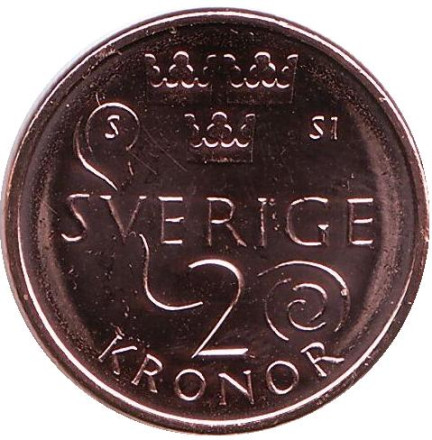 Монета 2 кроны. 2016 год, Швеция. Новый дизайн. Король Карл XVI Густав.