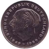 Теодор Хойс. Монета 2 марки. 1979 год (F), ФРГ. UNC.