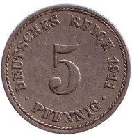 Монета 5 пфеннигов. 1911 год (A), Германская империя. Монета 5 пфеннигов. 1911 год (A), Германская империя.