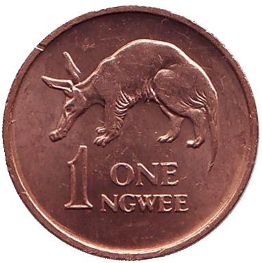 Монета 1 нгве. 1969 год, Замбия. Трубкозуб. (Аардварк).