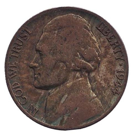 Монета 5 центов. 1944 год (P), США. Джефферсон. Монтичелло.