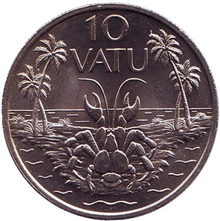Монета 10 вату. 1983 год, Вануату. Кокосовый краб (пальмовый вор).
