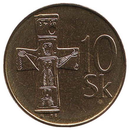 Монета 10 крон. 2004 год, Словакия. BU. Бронзовый крест с выгравированными рисунками и орнаментом (Х – ХI вв.).