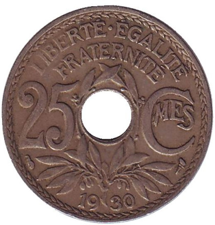 Монета 25 сантимов. 1930 год, Франция.
