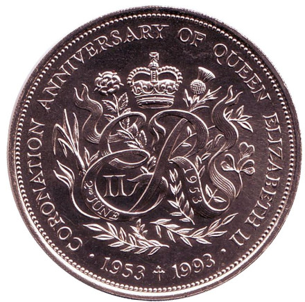 Монета 5 фунтов. 1993 год, Гернси. 40 лет коронации Королевы Елизаветы II.