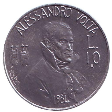 Монета 10 лир. 1984 год, Сан-Марино. Алессандро Вольта.