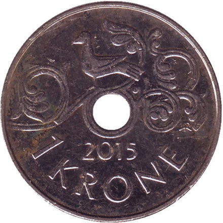 Монета 1 крона. 2015 год, Норвегия. Птица на виноградной лозе.