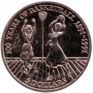 Монета 5 долларов. 1991 год, Ниуэ. 100 лет баскетболу. Монета 5 долларов. 1991 год, Ниуэ. 100 лет баскетболу.
