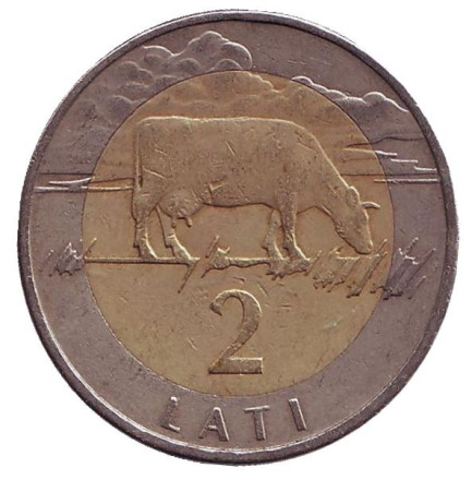 Монета 2 лата, 1999 год, Латвия. Из обращения. Корова.