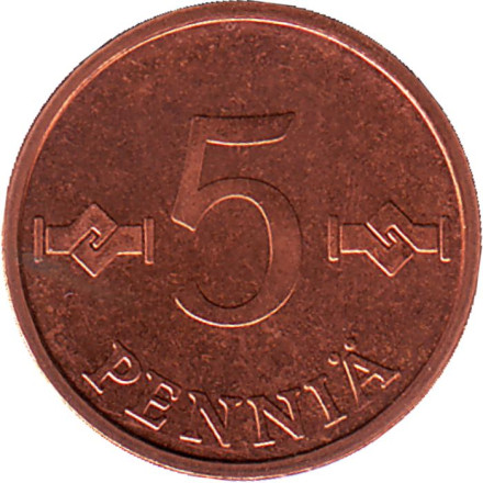 Монета 5 пенни. 1977 год, Финляндия. (медь). Нечастая! Состояние - aUNC.
