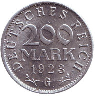 Монета 200 марок. 1923 год (G), Веймарская Республика. Монета 200 марок. 1923 год (G), Веймарская Республика.