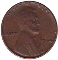 Линкольн. Монета 1 цент. 1954 год, США.