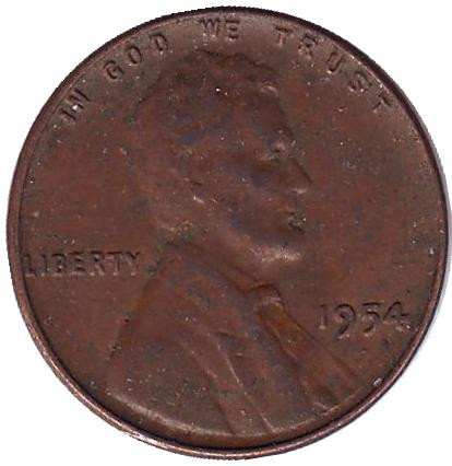 Монета 1 цент. 1954 год, США. (без отметки монетного двора) Линкольн.