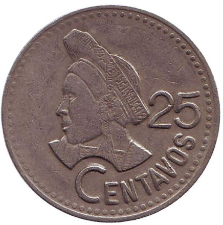 Монета 25 сентаво. 1992 год, Гватемала. Индианка.