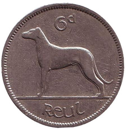 Монета 6 пенсов. 1939 год, Ирландия. Ирландский волкодав.